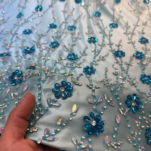 Hand Embroidered Floral Vine Tulle Fabric | Holographic Rhinestone Bridal Gown