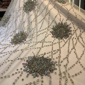 Radiant Crystal Medallion Mesh Fabric | Hand Embroidered Tulle for Gowns and Couture Dresses | Rhinestone Embellished Net