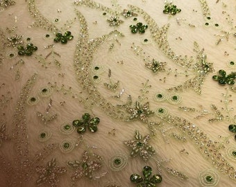 Elegant Hand Embroidered Rhinestone Tulle Fabric with Shimmering Beads for Bridal, Evening & Couture Design