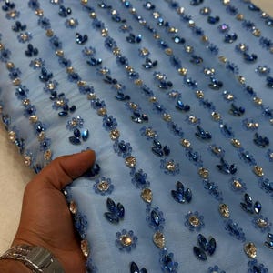 Blue Rhinestone Striped Mesh Fabric | Hand Embroidered Tulle for Prom & Reception Dresses | Crystal Vertical Pattern