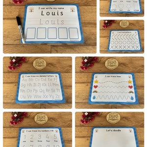 May include: A set of ten dry-erase learning mats for kids. The mats are blue and white with colorful illustrations. The mats include activities such as tracing letters, numbers, shapes, and lines. The mats also include a blank mat for doodling.