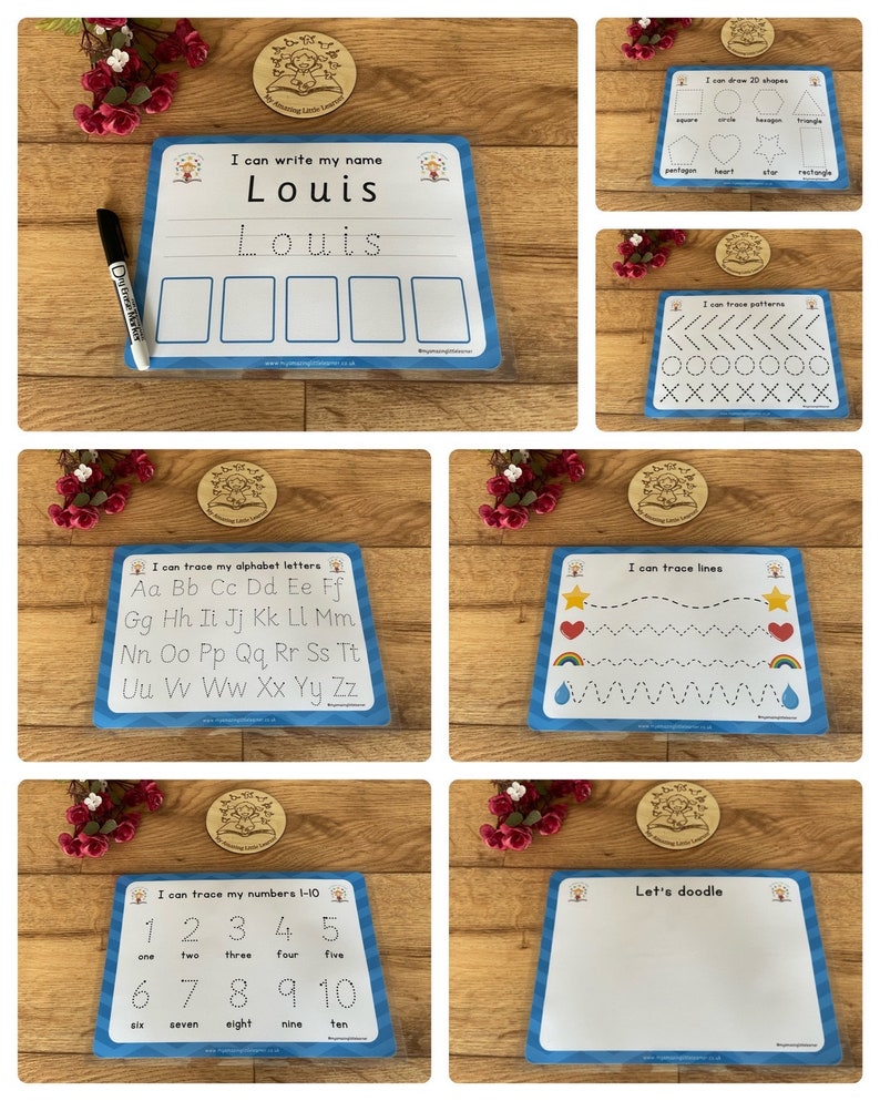 May include: A set of ten dry-erase learning mats for kids. The mats are blue and white with colorful illustrations. The mats include activities such as tracing letters, numbers, shapes, and lines. The mats also include a blank mat for doodling.