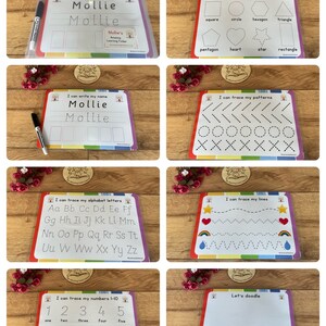 May include: A set of 10 colorful dry-erase boards with rainbow borders. Each board features a different learning activity, such as tracing letters, numbers, and shapes. The boards are designed for children to practice writing, drawing, and tracing.
