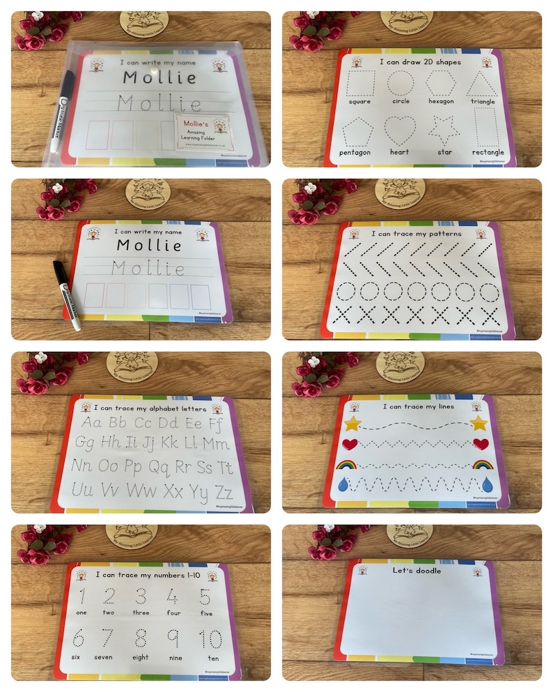 May include: A set of 10 colorful dry-erase boards with rainbow borders. Each board features a different learning activity, such as tracing letters, numbers, and shapes. The boards are designed for children to practice writing, drawing, and tracing.