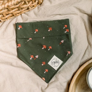 May include: A green bandana with a white polka dot pattern and a red and white mushroom print. The bandana has a white label with the text "A Life On Adventure" in black.