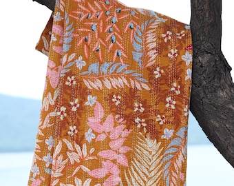 Mustard Floral Kantha Quilt King Size-Handmade Rust Cotton Bedspread-Bohemian Botanical Leaf Print Blanket-Indian Artisanal Coverlet
