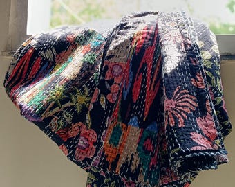 Patchwork Kantha Quilt Queen Size Handmade Indian Cotton Bedspread Black Boho Floral Bedding Reversible Quilt