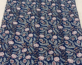 May include: A folded textile featuring a deep blue background with a repeating pattern of light pink pomegranate fruits and intricate green foliage. The fabric displays visible white running stitch details across the entire surface.
