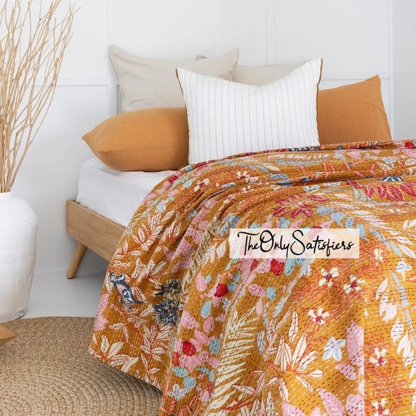 Summer Kantha Quilt Comforter Bedspread Bedcover Throw Blanket Coverlet Modern Handmade Cotton Indian Lightweight Queen Sized Quilt for Sale