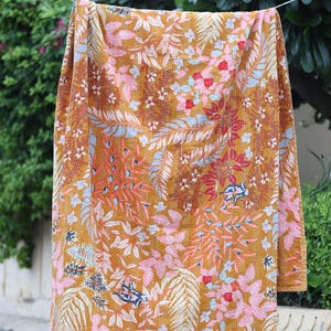 Mustard Floral Kantha Quilt King Size-Handmade Rust Cotton Bedspread-Bohemian Botanical Leaf Print Blanket-Indian Artisanal Coverlet image 2