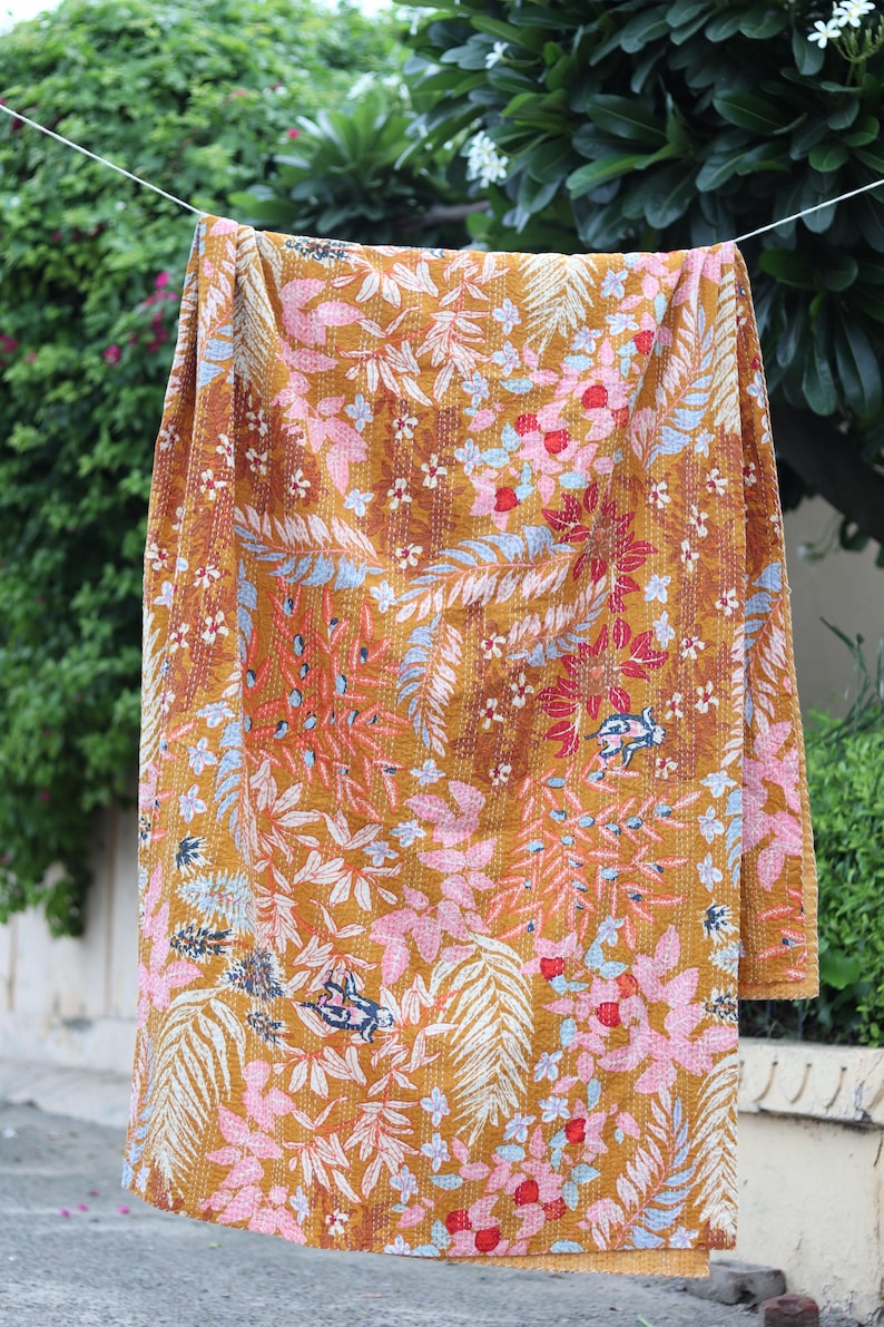 Mustard Floral Kantha Quilt King Size-Handmade Rust Cotton Bedspread-Bohemian Botanical Leaf Print Blanket-Indian Artisanal Coverlet image 2