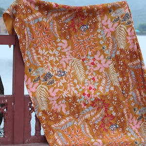 Mustard Floral Kantha Quilt King Size-Handmade Rust Cotton Bedspread-Bohemian Botanical Leaf Print Blanket-Indian Artisanal Coverlet image 9