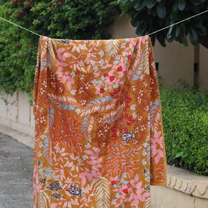 Mustard Floral Kantha Quilt King Size-Handmade Rust Cotton Bedspread-Bohemian Botanical Leaf Print Blanket-Indian Artisanal Coverlet image 10