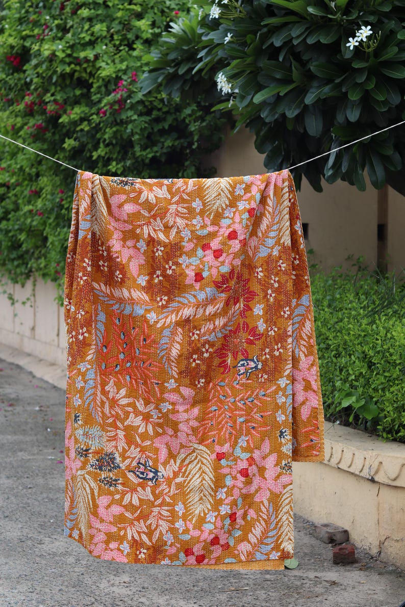 Mustard Floral Kantha Quilt King Size-Handmade Rust Cotton Bedspread-Bohemian Botanical Leaf Print Blanket-Indian Artisanal Coverlet image 10
