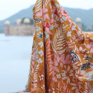 Mustard Floral Kantha Quilt King Size-Handmade Rust Cotton Bedspread-Bohemian Botanical Leaf Print Blanket-Indian Artisanal Coverlet image 3