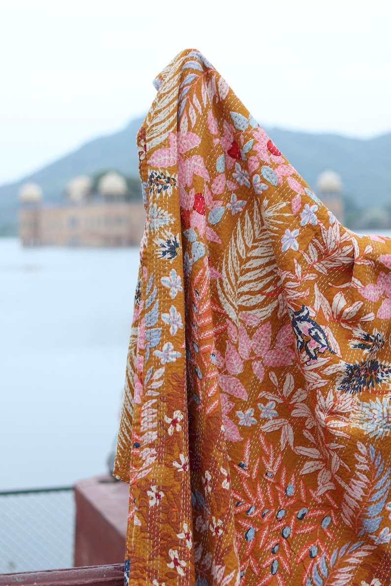 Mustard Floral Kantha Quilt King Size-Handmade Rust Cotton Bedspread-Bohemian Botanical Leaf Print Blanket-Indian Artisanal Coverlet image 3