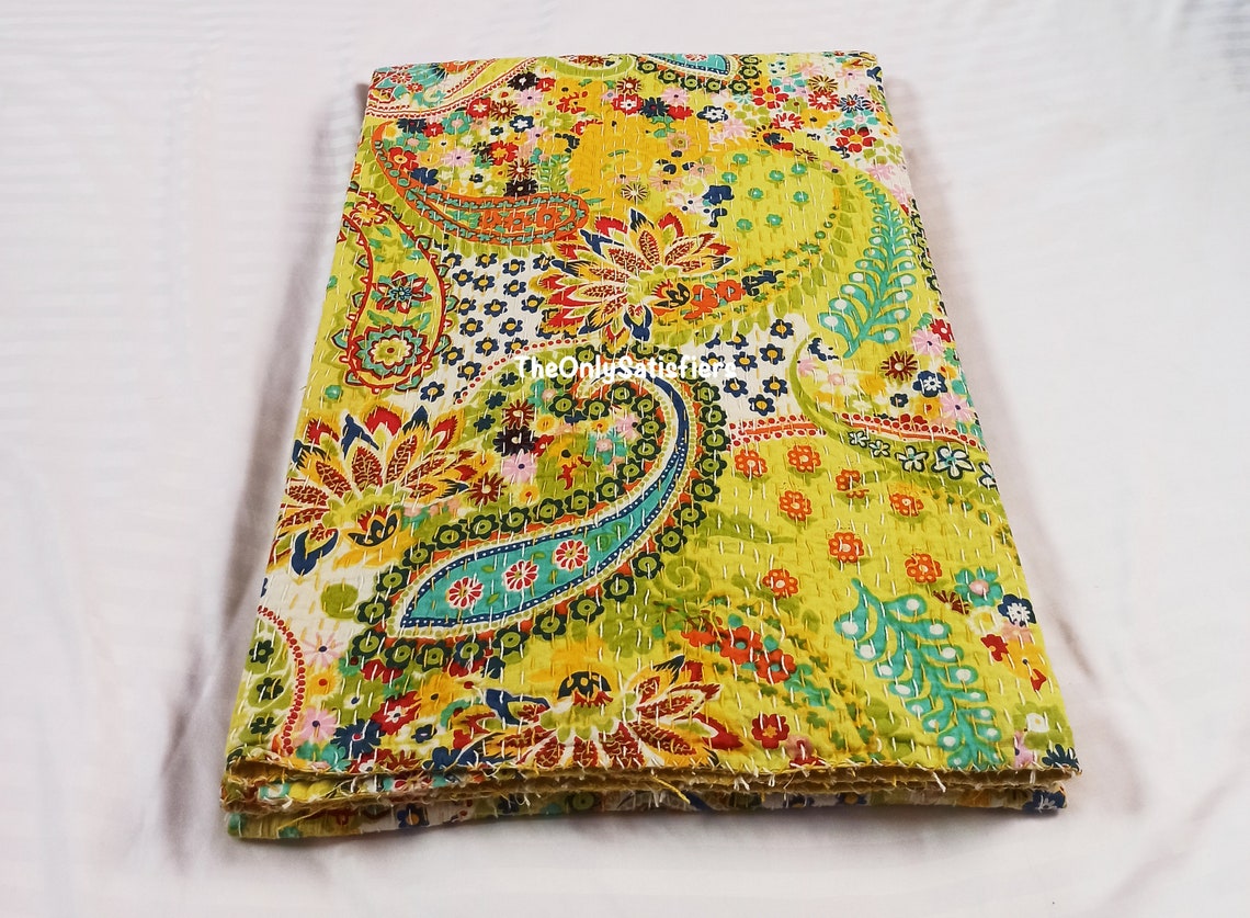 Yellow Paisley Kantha Quilt Throw Blanket Bedspread Bedcover Etsy