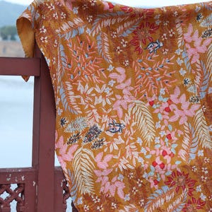 Mustard Floral Kantha Quilt King Size-Handmade Rust Cotton Bedspread-Bohemian Botanical Leaf Print Blanket-Indian Artisanal Coverlet image 4