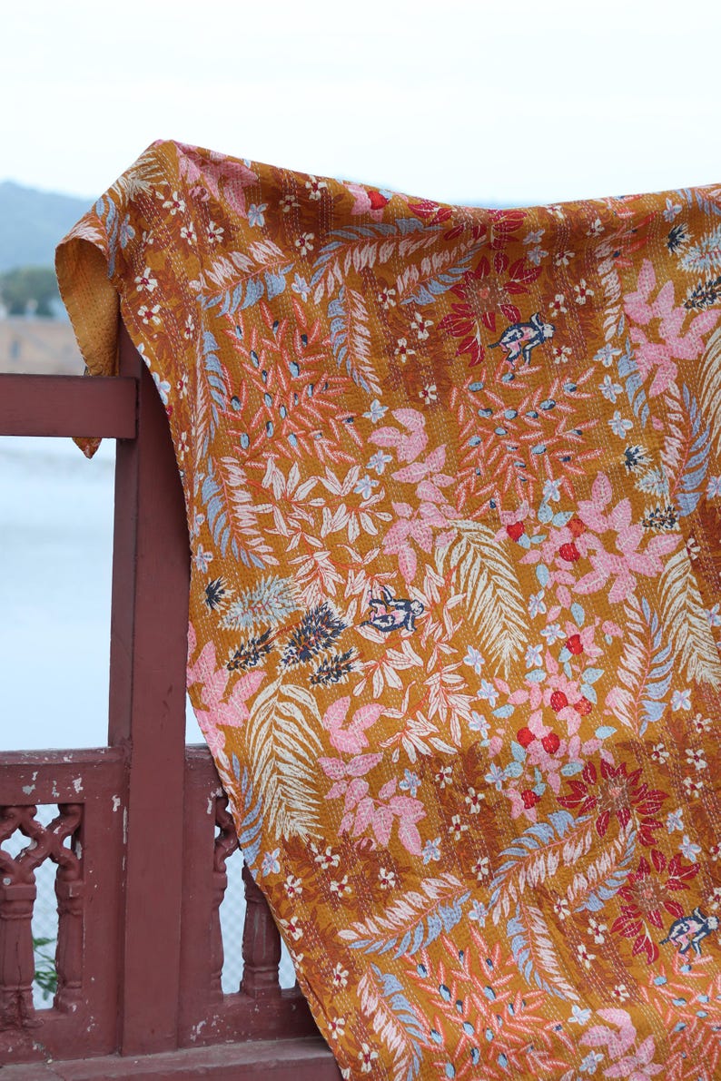Mustard Floral Kantha Quilt King Size-Handmade Rust Cotton Bedspread-Bohemian Botanical Leaf Print Blanket-Indian Artisanal Coverlet image 4