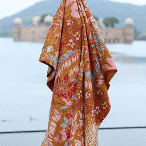 Mustard Floral Kantha Quilt King Size-Handmade Rust Cotton Bedspread-Bohemian Botanical Leaf Print Blanket-Indian Artisanal Coverlet image 5