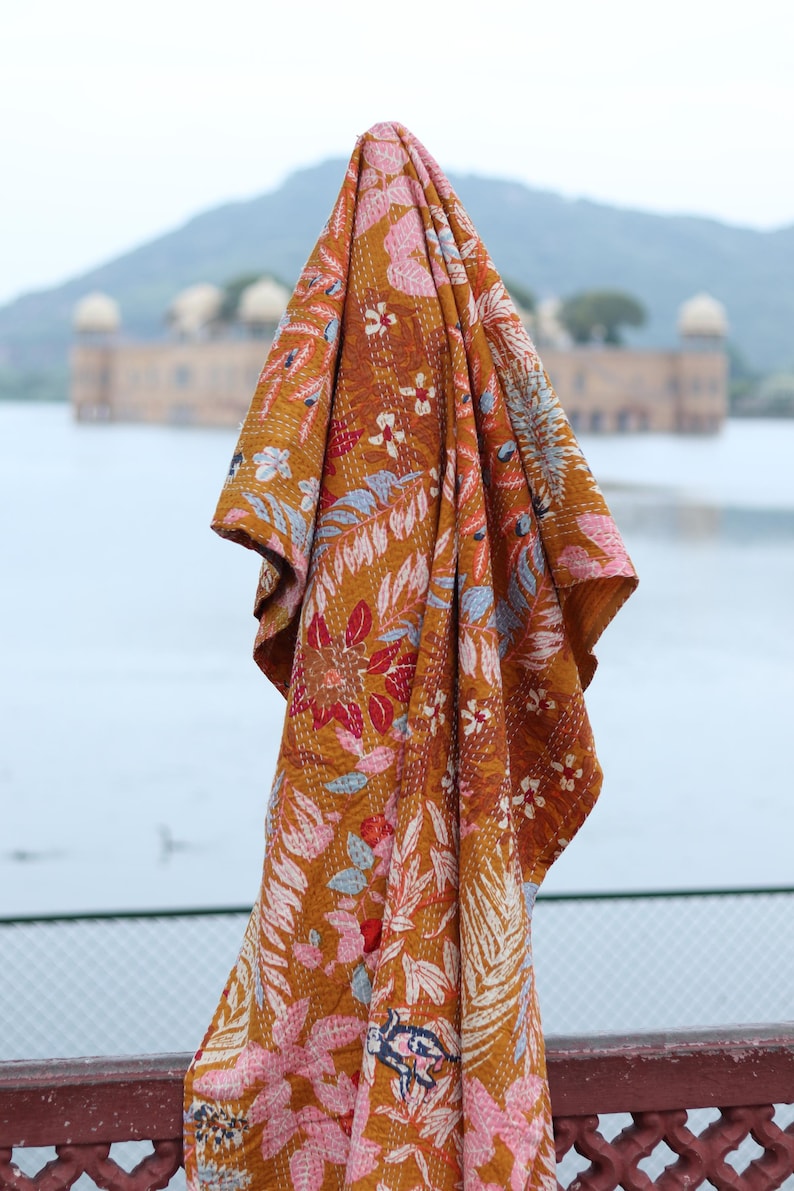 Mustard Floral Kantha Quilt King Size-Handmade Rust Cotton Bedspread-Bohemian Botanical Leaf Print Blanket-Indian Artisanal Coverlet image 5