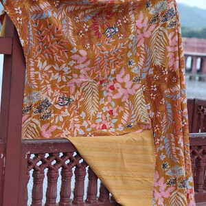 Mustard Floral Kantha Quilt King Size-Handmade Rust Cotton Bedspread-Bohemian Botanical Leaf Print Blanket-Indian Artisanal Coverlet image 6