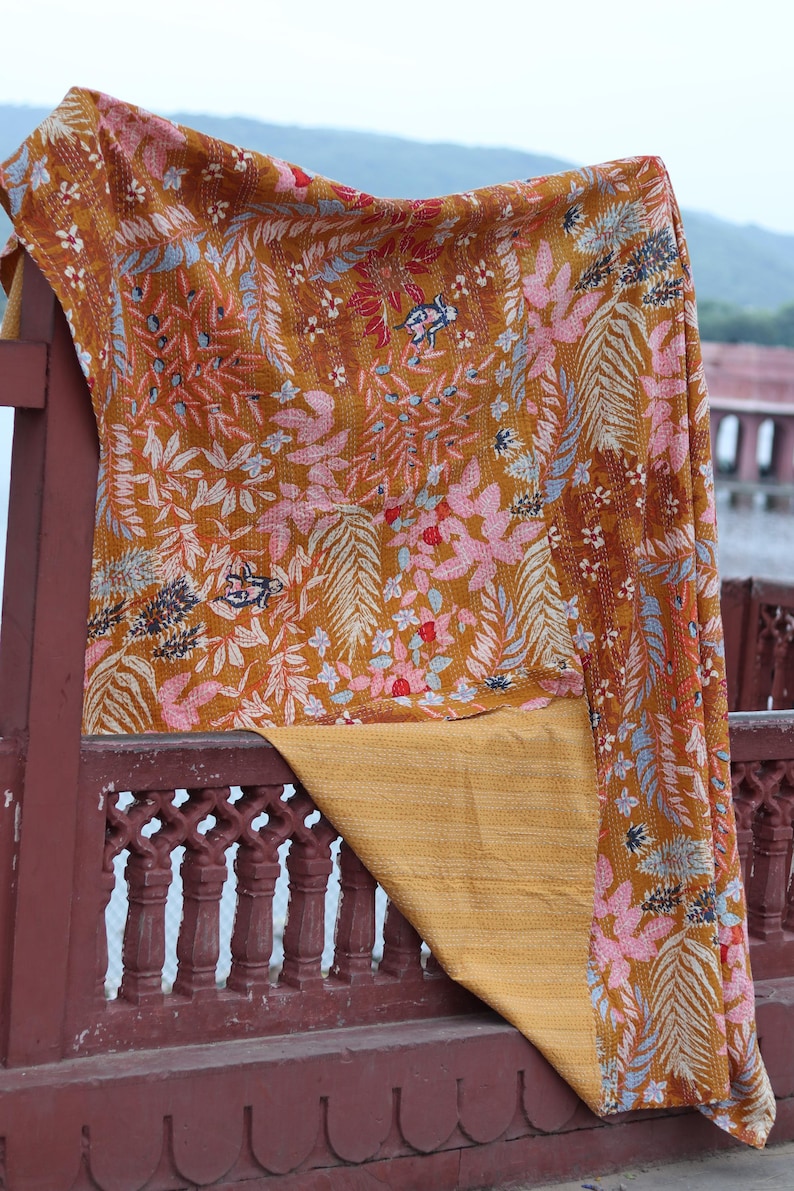 Mustard Floral Kantha Quilt King Size-Handmade Rust Cotton Bedspread-Bohemian Botanical Leaf Print Blanket-Indian Artisanal Coverlet image 6