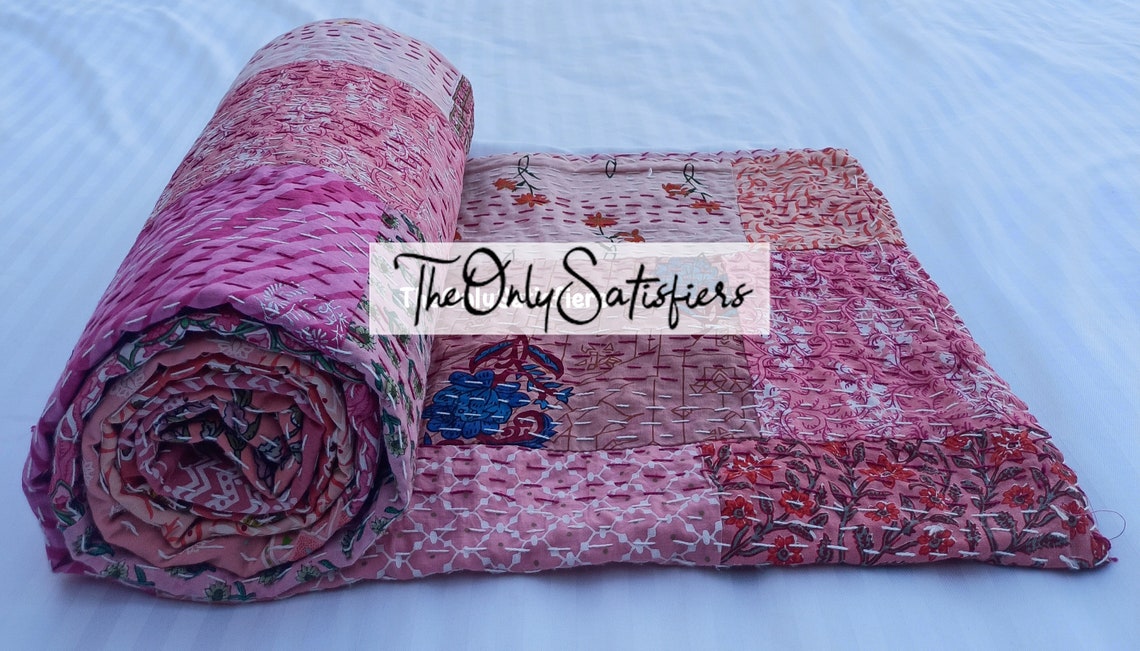 Buy Pink Patchwork Kantha Quilt Throw Blanket Bedspread Bedcover Online