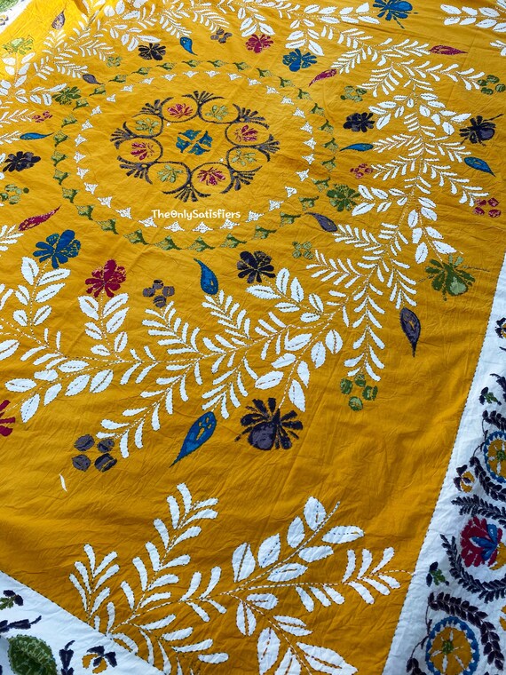 Purple and Yellow Kantha Cotton Floral Throw Blanket Purple and Yellow Kantha Cotton Floral Throw Blanket