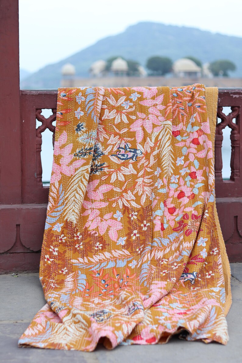 Mustard Floral Kantha Quilt King Size-Handmade Rust Cotton Bedspread-Bohemian Botanical Leaf Print Blanket-Indian Artisanal Coverlet image 7