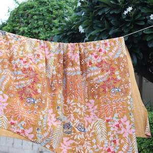 Mustard Floral Kantha Quilt King Size-Handmade Rust Cotton Bedspread-Bohemian Botanical Leaf Print Blanket-Indian Artisanal Coverlet image 8