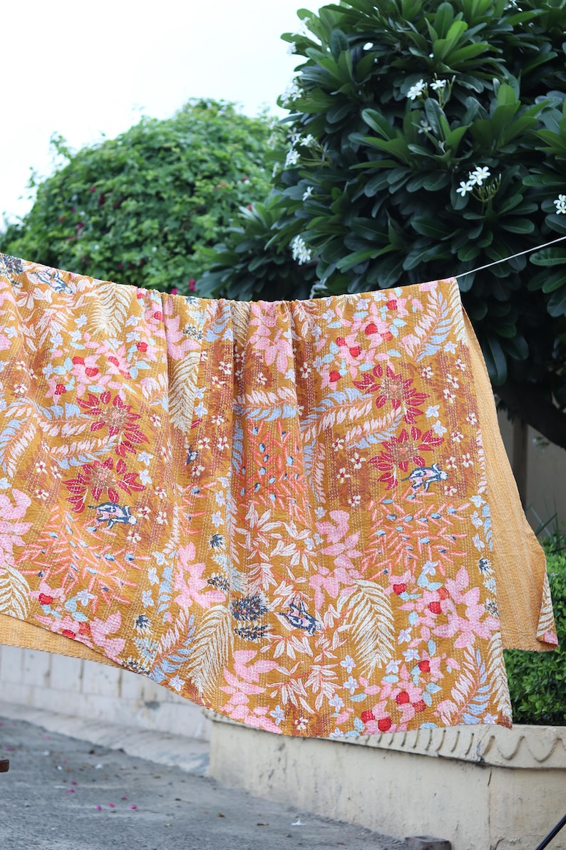 Mustard Floral Kantha Quilt King Size-Handmade Rust Cotton Bedspread-Bohemian Botanical Leaf Print Blanket-Indian Artisanal Coverlet image 8