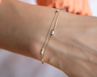 Double Chain Baguette Gold Bracelet | Dainty Baguette Two Row Bracelet | Beaded Chain Bracelet | Gift for Girlfriend | Gift for Mother