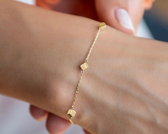 14k Solid Gold Three Diagonal Cubes Bracelet | Dainty Solid Gold Bracelet | Gold Beaded Chain Charm Bracelet | Gift for Women