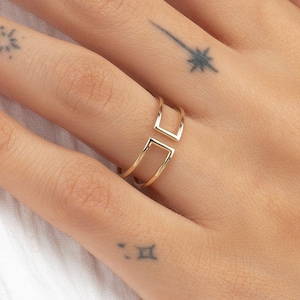 14k Solid Gold Plain Gold Cuff Ring | Adjustable Double Bar Ring |Dainty Parallel Ring | Yellow Rose White Gold | Women Gold Gift | Jewelry