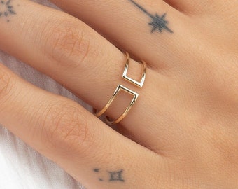14k Solid Gold Plain Gold Cuff Ring | Adjustable Double Bar Ring |Dainty Parallel Ring | Yellow Rose White Gold | Women Gold Gift | Jewelry