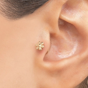 14k Solid Gold Daisy Flat Back Earring Blossom Stud Barbell Piercing Helix Stud Gold Cartilage Conch Stud Gold Ear Piercing image 1