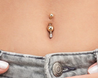 14k Solid Gold Belly Button Ring | Navel Piercing With Drop CZ Stone | Drop Stone Navel |Body Jewelry | Gift for Her