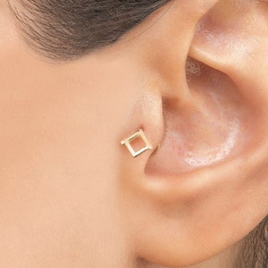 Open Square Flat Back Stud Earring | Minimal Piercing in 14k Solid Gold 16G | Geometric | Tragus | Cartilage | Helix | Conch | Gift for Her
