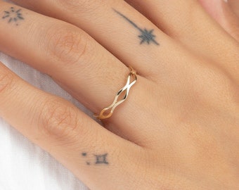 14k Solid Gold Wave Stacking Ring | Modern Design Gold Ring | Daily Wear Ring | Dainy Gold Ring | Yellow Rose White Gold | Gift for Her