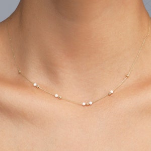 14k Solid Gold Bead Opal Necklace, Dainty Opal Necklace, Dainty Gold Necklace, Minimal Gold Necklace, Gemstone Necklace, Gift for Her