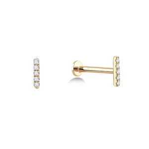 Minimal CZ Bar Piercing 14K Solid Gold | Gift for Her | Gold Tragus | Stud | Flat Back Stud | Earlobe | Conch | Helix | Gusto