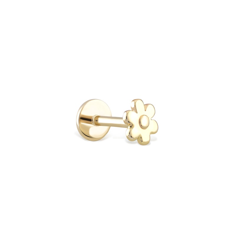 14k Solid Gold Daisy Flat Back Earring Blossom Stud Barbell Piercing Helix Stud Gold Cartilage Conch Stud Gold Ear Piercing image 4