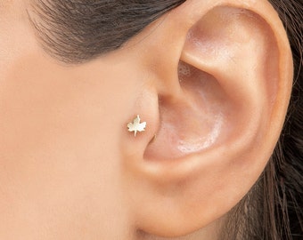 14k Solid Gold Maple Leaf Flat Back Earring | Flat Back Stud | Minimalist Earring | Gold Ear Piercing | Helix | Conch | Cartilage | Tragus