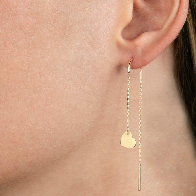 14k Solid Gold Dangle Heart Earrings, Dainty Gold Heart Earrings, Heart Dangle Gold Earring, Gold Earring, Gold Anniversary, Christmas Gift image 2