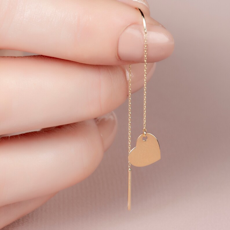 14k Solid Gold Dangle Heart Earrings, Dainty Gold Heart Earrings, Heart Dangle Gold Earring, Gold Earring, Gold Anniversary, Christmas Gift image 3