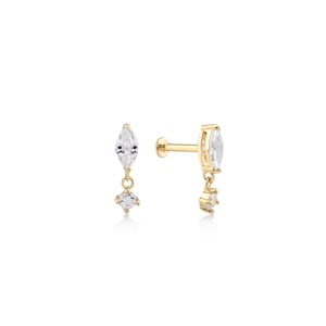 マーキス ダングル CZ ピアス 14K ソリッドゴールド ミニマル | 彼女へのギフト | ゴールド トラガス | スタッド | フラットバック スタッド | 耳たぶ | コンク | ヘリックス | ガスト