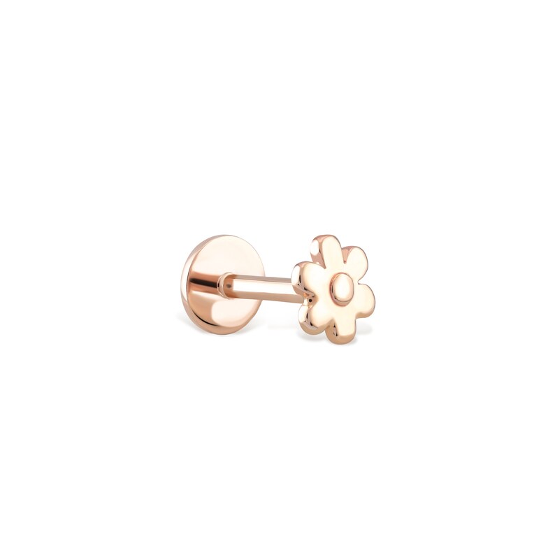 14k Solid Gold Daisy Flat Back Earring Blossom Stud Barbell Piercing Helix Stud Gold Cartilage Conch Stud Gold Ear Piercing image 5