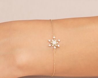 14k Solid Gold Snowflake Bracelet, Snowflake Bracelet, Minimal Bracelet for Women, Christmas Gift, Dainty Snow Flake Bracelet