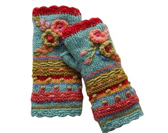 Unique Womens Winter Wool Warm Mittens Casual Flower Knit Fingerless Gloves Handmade Glove Mittens  Fingerless Cashmere Mittens